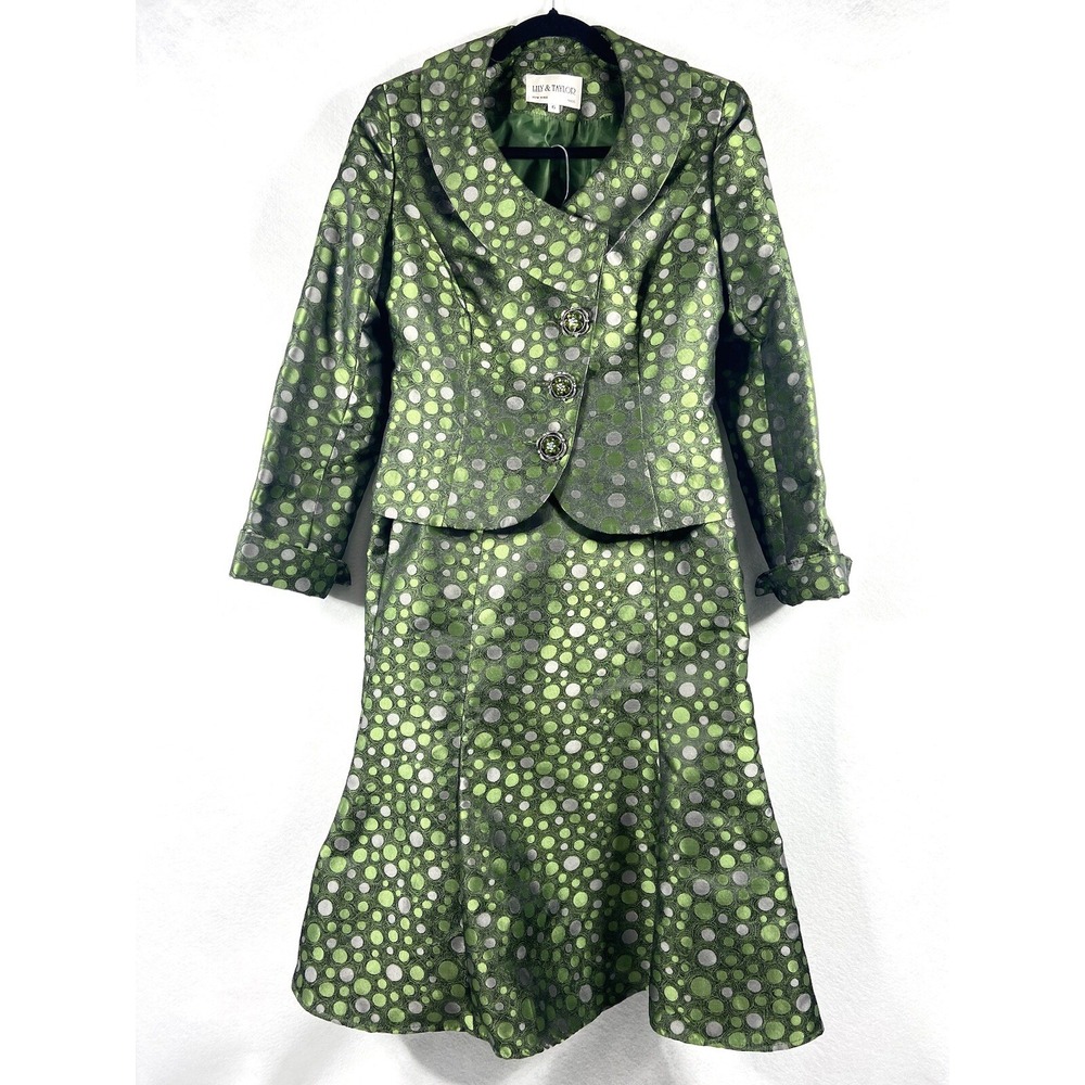 Lily & Taylor 2PC Skirt Suit Women's 6 Green Blazer Button Long Skirt Polka Dots